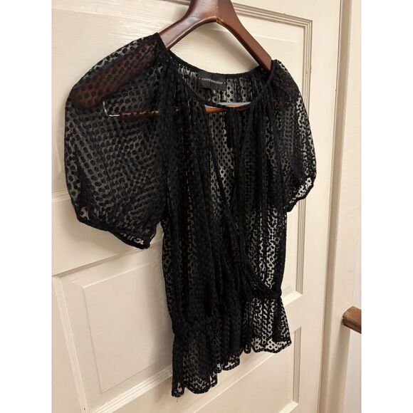 Corey Lynn Calter Black Sheer Dot Top Peplum Tie Front Size 4 - Picture 2 of 8